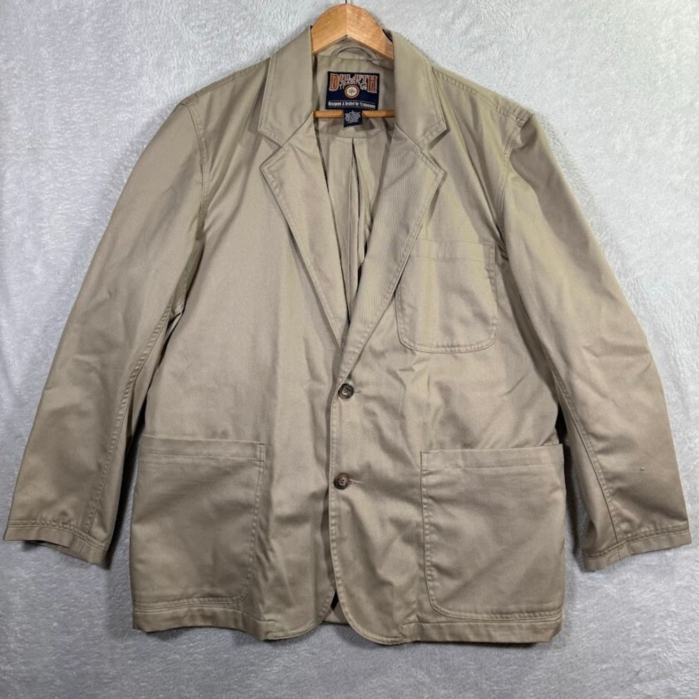 Duluth Trading Co Men's Large Chore Jacket Work Blazer Khaki Beige Elbow Patches